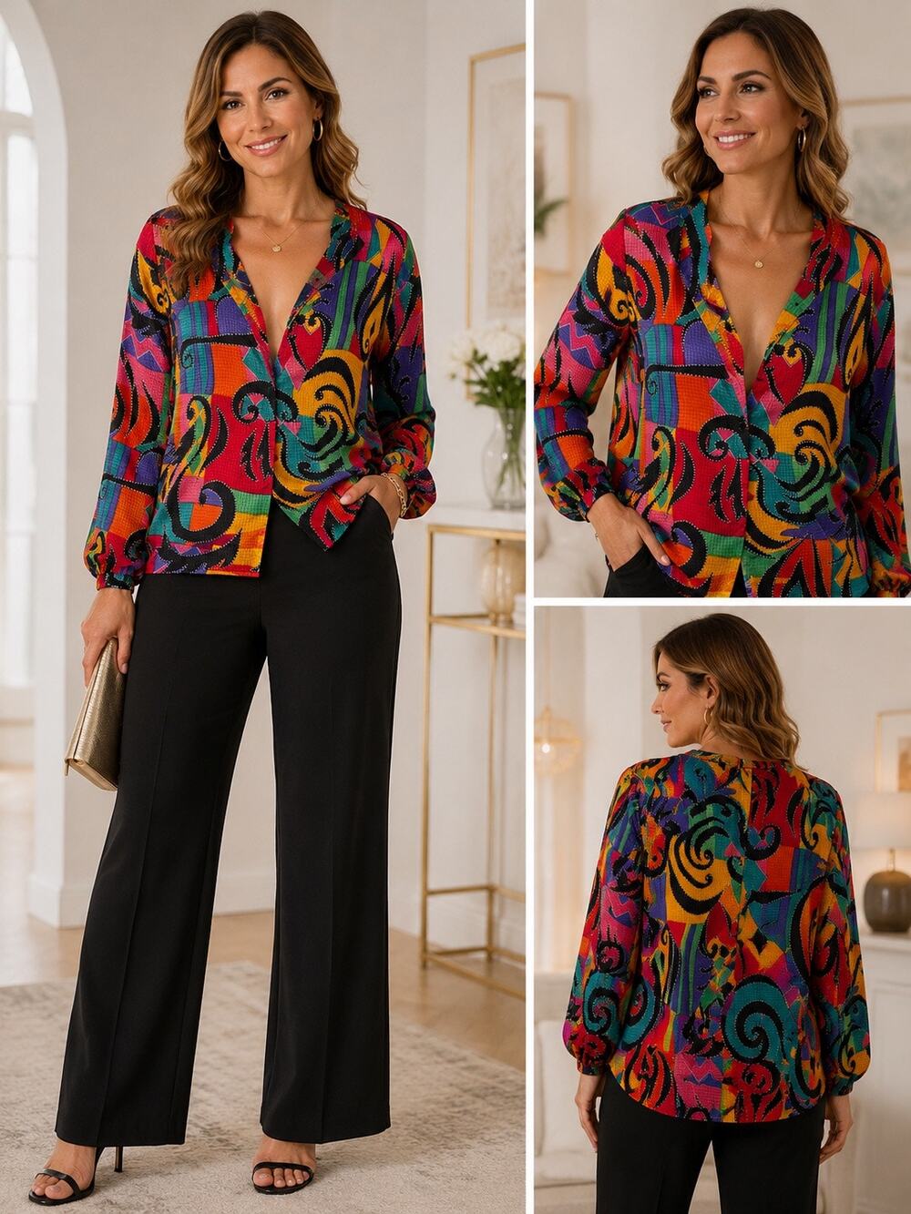 VTG Pierre Cardin Blouse Sz 4 Abstract Geometric Jewel Tone Art Deco Top 90s